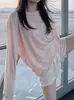 Camiseta cover-up de manga longa rosa doce estilo coreano para mulheres, estilo solto e casual, adequada para o verão, top leve para ambientes com ar condicionado
