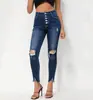Cross2026 Nuevos Jeans Skinny Elásticos de Tiro Alto con Botones, Rasgados y Dobladillo Crudo, Jeans de Pierna Estrecha, Pantalones Largos de Mezclilla para Mujer