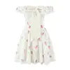 Casa Mismo Estilo Francés Primer Amor Princesa Dulce Hombros Descubiertos Lazo Encaje Floral Cintura Ceñida Vestido para Mujer