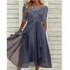 Vestido Amazon estilo europeo transfronterizo 2025: patchwork de gasa con encaje y detalles calados, vestido largo, vestido de dama de honor, vestido de noche, ropa de mujer
