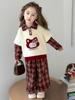 Conjunto de Moletom Infantil Primavera e Outono, Conjunto Xadrez Fofo para Menina, Bebê Falso Duas Peças Polo Manga Longa Calça de Perna Larga