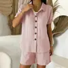 2026 Verano Independiente Transfronterizo Europeo y Americano Sitio Web Amazon Nuevo Casual Botón Algodón y Lino Conjunto de Camisa de Manga Corta para Mujer