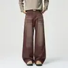 Pantalones casuales de hombre estilo retro americano con pliegues tipo bigote de gato y efecto desgastado, estilo vintage de alta costura, pantalones largos holgados rectos de pierna ancha