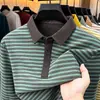 Camiseta Masculina de Manga Longa Mais Vendida Primavera Meia-idade Moda Casual Camada Base Moletom Masculino Outono Inverno Listrada Camisa Polo
