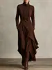 Vestido Longo Feminino Tamanho Europeu 2025 Site Independente da Amazon Primavera e Outono Cor Sólida Manga Longa Cruzado Gola Alta