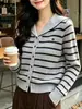 Cardigan com gola marinha feminino outono e inverno novo estilo universitário lapela cor contrastante casual temperamento listrado malha manga longa cardigan feminino