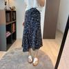 Elegante Falda Asimétrica Azul Floral de Cintura Alta con Cola de Pez, Falda Midi con Aspecto Adelgazante S0611L