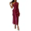 Vestido Elegante de Noche para Mujer de Verano 2026 Transfronterizo Europeo y Americano de Satén de Alta Elasticidad sin Mangas de un Hombro Ceñido a la Cintura de Longitud Media