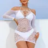 Nueva lencería sexy transfronteriza con diseño hueco, jacquard en forma de corazón, cuello halter sin hombros, top de malla de manga larga a la moda