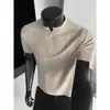 Estilo Old Money Sudadera de Punto con Media Cremallera Manga Corta para Hombre Verano Canalé Ajustado Fresca y Elegante Manga Casquillo