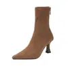 Botines de tacón alto con punta fina de estilo coreano para mujer, nuevo estilo otoño e invierno 2023, de ante con cremallera y tacón de aguja, botines tipo calcetín elásticos ajustados
