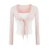 Cardigan de Renda com Cadarço Estilo Artístico Francês Outono 2026, Camiseta de Manga Longa para Mulheres, Peça Única Patchwork com Aparência de Duas Peças