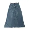 Saia Midi Jeans Vintage Lavada Desfiada para Mulheres, Novo Design de Inverno, Cintura Alta Emagrecedora Linha A Longa