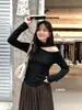Camiseta Longa Patchwork de Malha com Fita Cor Limão Verde Chá Outono 2026 para Mulheres, Camiseta Básica Elegante Assimétrica no Ombro Slim Fit