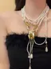 Colar de Pérolas em Camadas Flor de Íris Vintage Longo de Alto Valor Exquisito Versátil Moda