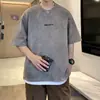 Camiseta Pesada Verde Aguacate para Hombre, Retro Americano Gamuza Manga Corta Oversize Cuello Pequeño Manga Tres Cuartos