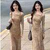 Vestido Estampado Petite Outono Tomara que Caia Afinando a Cintura com Senso de Design, Estilo Versátil e Suave para Mulheres