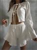 Cardigan Blanco de Manga Larga con Cordones y Volantes, Shorts, Pijama Jacquard Cortado, Ropa de Casa para Mujer, Primavera y Verano 2025
