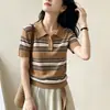 Camiseta de punto para mujer estilo francés, con cuello polo a rayas caqui, manga corta, top de verano de seda helada estilo old money, corte ajustado