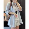 Camisa azul de lino estilo francés para mujer, top de manga larga para el verano con protección solar, chaqueta camisa de algodón y lino estilo casual holgado 'old money'