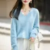 Suéter de punto de lana sin costuras con cuello en V para mujer, otoño e invierno, suéter holgado de manga larga de forro polar, top básico de estilo casual