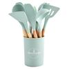 Juego de 12 utensilios de cocina de silicona con mango de madera, sartén antiadherente, barril de almacenamiento, espátula, cuchara para saltear, cuchara para sopa, colador, pinza para alimentos