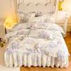 Estilo Princesa Coreana Borde de Encaje Algodón Puro Faldón de Cama Juego de Tres Piezas ins Nude Dormir Color Sólido Colcha de Algodón Antideslizante Sábana de Cama Clase A