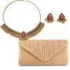 Moda Vintage Viento del Este Medio Diamante Destellante Gotas de Agua Elegante Exagerado Collar para Mujer Pendientes Bolso de Mano para la Noche Conjunto de Tres Piezas para Mujer
