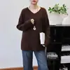 Suéter Pulóver de Punto Sólido con Cuello en V Holgado Estilo Francés para Mujer, Nuevo Otoño e Invierno 2025, Top de Punto Simple Holgado de Moda