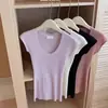 Tejido de punto rosa con cuello en U y manga corta para mujer, estilo coreano de verano, diseño de alta gama, top adelgazante de cuello bajo para clavícula.