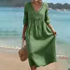 Roupas femininas de verão transfronteiriças europeias e americanas 2026: Vestido longo elegante de cor sólida com decote em V, vestido casual solto de manga média