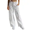 Pantalones de trabajo de pierna ancha de cintura media-alta transfronterizos para mujer, pantalones largos rectos de algodón lavado multibolsillo, pantalones holgados adelgazantes de largo hasta el suelo