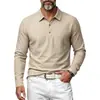 2026 Camisa Polo Masculina de Manga Longa Transfronteiriça Textura de Linho Gola Lapela Três Botões Casual Versátil Camisa Henley