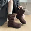 Primer Encuentro Ji Estilo Coreano Botas Martin de Suela Gruesa para Mujer 2026 Otoño/Invierno Nuevo Estilo Botas Ruched Maillard Botas Vaqueras Occidentales