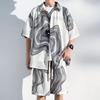Estilo Hong Kong Novo Verão plus size Camisa de Seda Gelada com Drapê de Manga Curta Shorts Roupa de Praia Casual Solta de Duas Peças para Homens