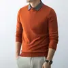 Suéter de punto de color liso transfronterizo para sitio web independiente, de punto, imitación de dos piezas, manga larga, casual, cuello redondo, capa interior, camisa base para otoño e invierno