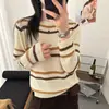 Top de punto a rayas estilo coreano para mujer 2026 Otoño/Invierno Nuevo Holgado Adelgazante Estilo perezoso Manga larga Jersey fino