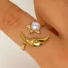 Anillo de Acero Inoxidable con Forma de Estrella de Mar, Concha y Perla, Diseño Abierto, Estilo Lujo Ligero de Nicho, Anillo para Dedo Índice, Estilo Oceánico Europeo y Americano