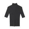 Camiseta base de punto de lana de cuello alto básica Biebe para mujer en otoño, corte ajustado, favorecedora y elegante top de manga corta