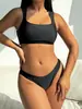 Bikini de Baño Separado Estilo Europeo Nuevo para Mujer Color Sólido Fruncido Adelgazante Ropa de Baño para Vacaciones en la Playa Mujer