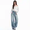 Jeans para Mujer 2026 Estilo Retro Americano Transfronterizo Lavados y Desgastados de Corte Holgado Pierna Recta Pierna Ancha, Pantalones Largos Azules Retro, Nuevos