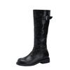2024 Novas Botas Retrô Fundo Grosso Cano Médio Cavaleiro Lã Plissada Couro Macio Botas de Cano Alto Cano Alargado Femininas