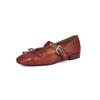Sapatos Femininos Mary Jane de Couro Integral com Laço e Rebite, Textura, Salto Baixo Grosso, Bico Quadrado, Sola Macia, Camada Única, Coleção Outono 2024