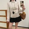 Estampado floral, dulce y encantador, con dobladillo fruncido, camiseta de manga larga, nuevo estilo otoño/invierno, hecha de tela suave y cálida, corte ajustado y favorecedor