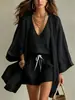 Conjunto de Três Peças de Algodão e Linho Verão 2026 Transfronteiriço Europeu e Americano para Mulheres, Conjunto de Kimono Sem Mangas e Shorts Estilo Resort Europeu e Americano