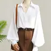 Camisa Chic de Manga de Farol Transfronteriza Europea y Americana para Amazon, Camisa Blanca de Manga Larga con Cuello en V Versátil y Elegante para el Trabajo