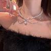 Colar de Laço Dupla Camada Pérola e Diamante Moda Retrô Francesa Corrente de Clavícula Estilo Nicho Celebridade da Internet Corrente de Clavícula