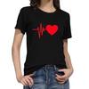 T-shirt feminina de manga curta nova moda primavera e verão europeia e americana casual criativa com estampa de padrão de amor, gola redonda e manga curta