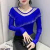 Camiseta interior sexy de malla hueca para mujer, diseño europeo de primavera y otoño, top con volantes, camiseta de manga larga con diamantes de imitación, moda
