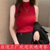 Camisola de Punto Calada para Mujer, Capa Interior de Hilo Hilado en Núcleo, Camiseta Básica de Cuello Medio Alto, Sin Mangas, Corte Ajustado, Cómoda y Transpirable